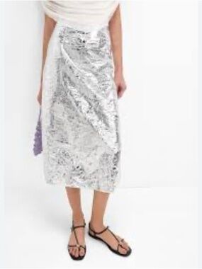 Zara Metallic Silver Crinkle Midi Skirt